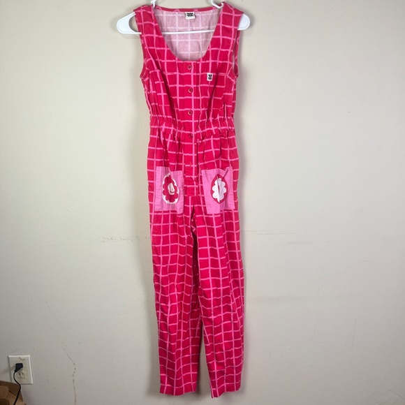Lucy & Yak Jumpsuit Button Sz XS Sleeveless Flower Geometric Pink Pockets - Picture 3 of 15